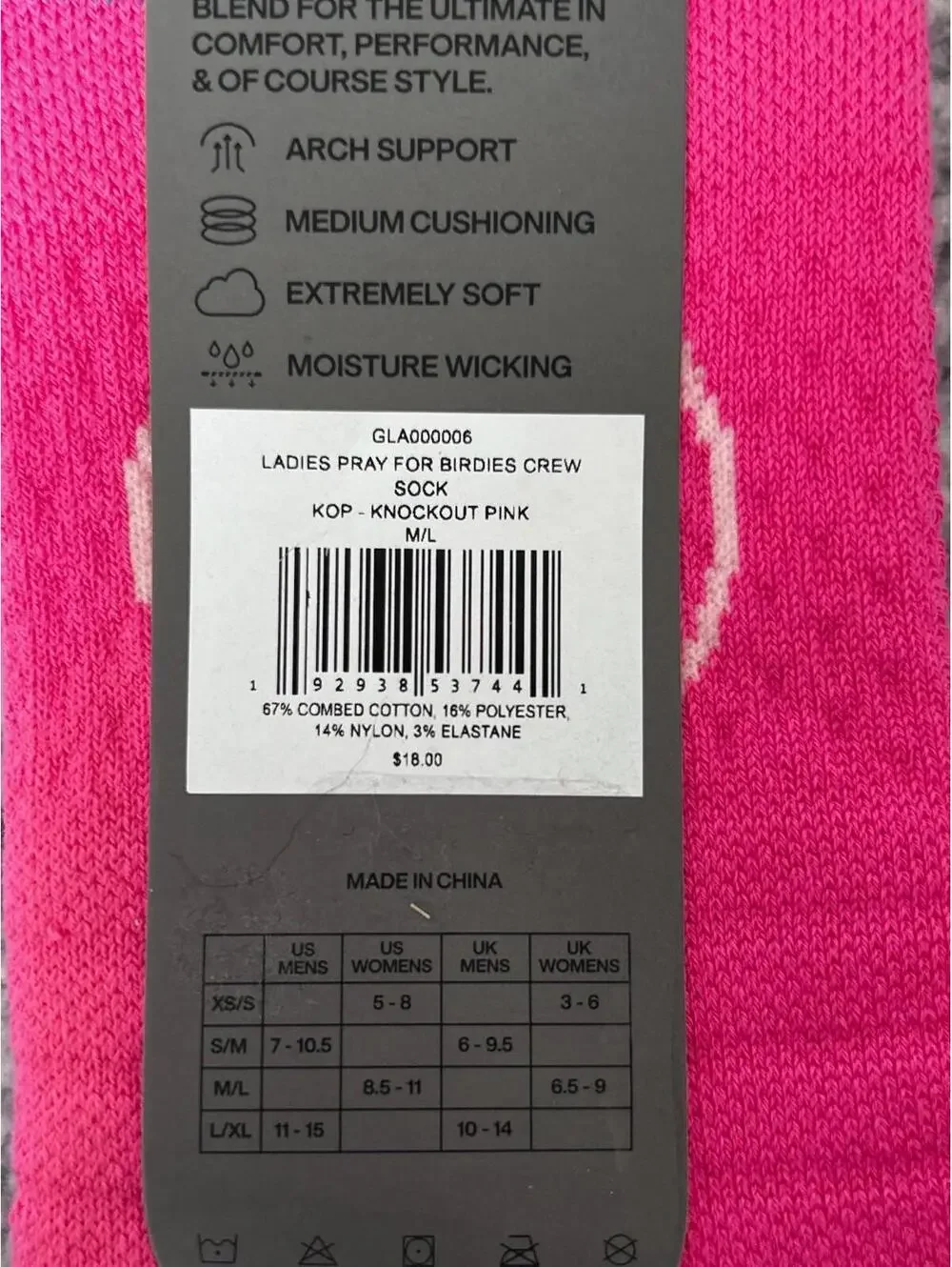 G/Fore Ladies Size M/L (US 8.5-11) Knockout Pink Pray For Birdies Crew Socks